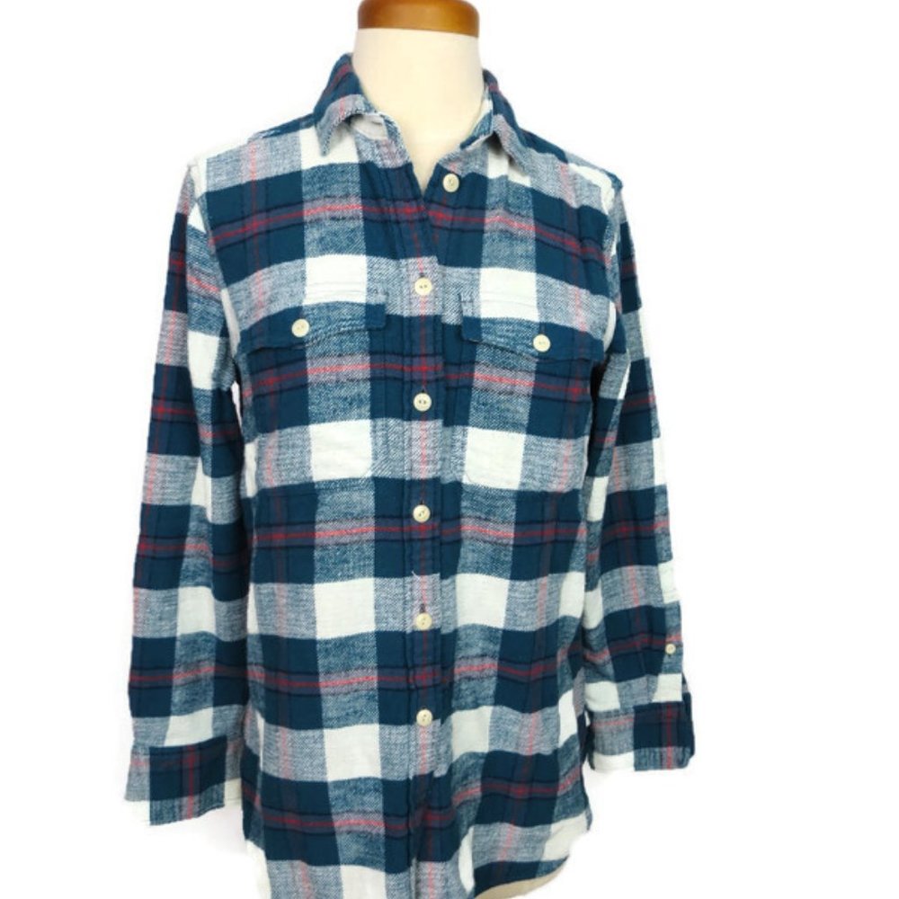 J Crew Work Shirt Size 0 Long Sleeve Preppy Plaid Red Blue Green Button Up